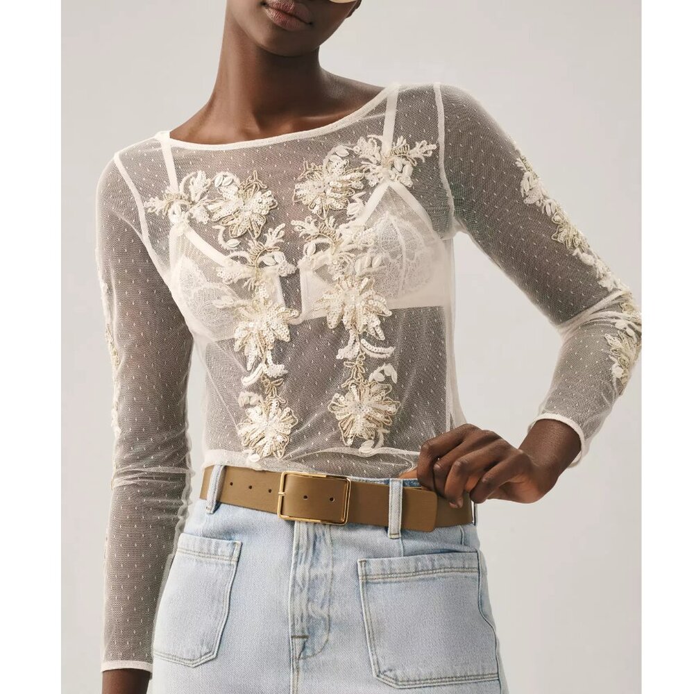 Anthropologie Maeve Sheer Embellished Top Ivory White L